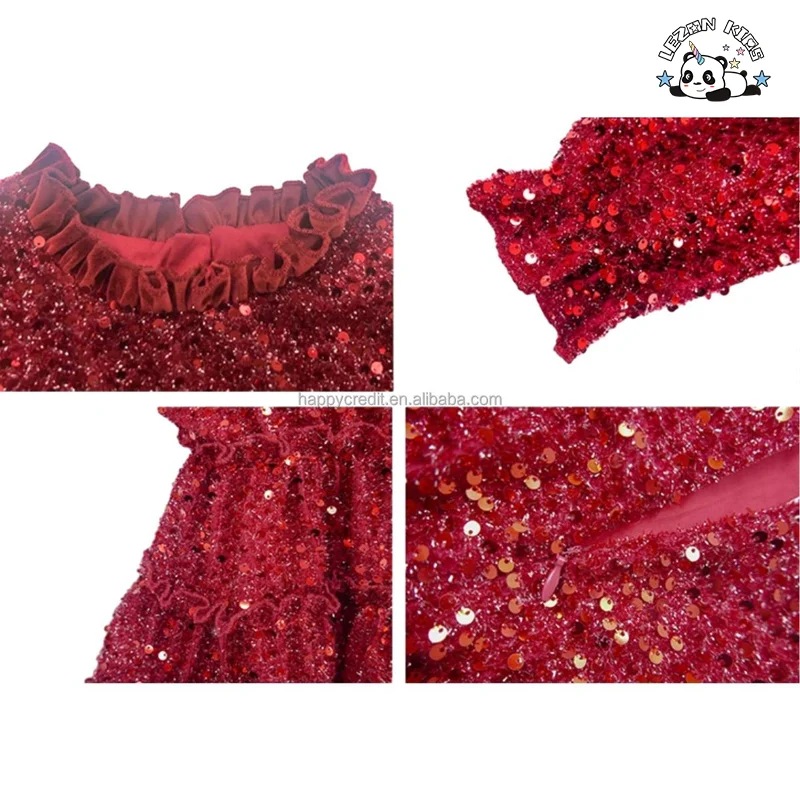 LEZONKIDS - Wholesale Customized Red Long Sleeve Princess Velvet Sequined Dress Kids Dress for Girls